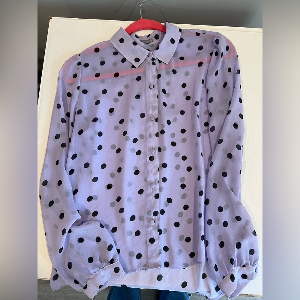 Charlotte Russe Lavender Polka Dot Collared Button Up Sheer Portofino Shirt